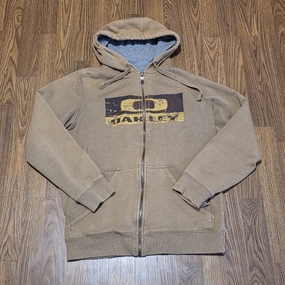 Vtg Y2K Oakley Full Zip Hoodie Tan Bark Logo Black Gray Tag Made In China M E65